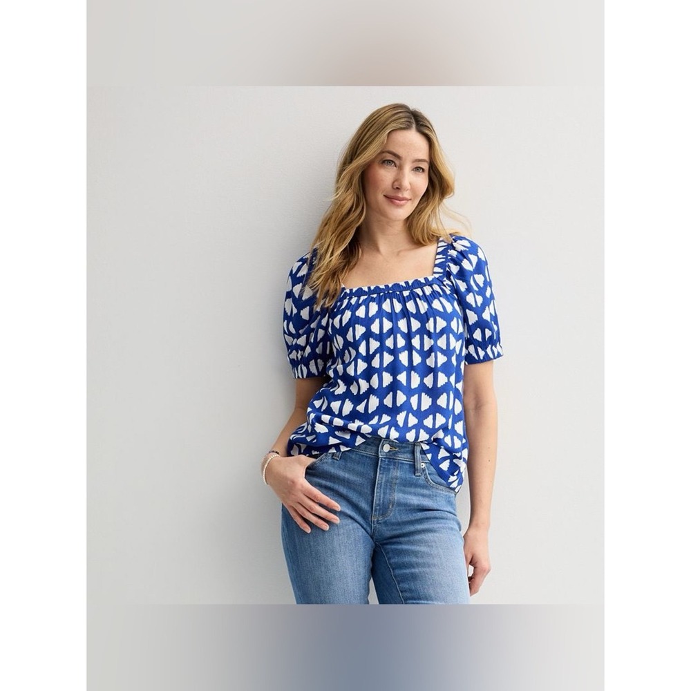 Sonoma Goods For Life Blue White Geometric Square Neck Puff Sleeve Blouse M